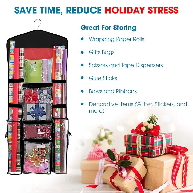 ProPik Hanging Double Sided Wrapping Paper Storage Organizer With Multiple Pockets Organize Your Gift Wrap, Gift Bags Bows Ribbons 40"X17" Fits 40 Inch Rolls Clear PVC Bag (Black) - Image 5